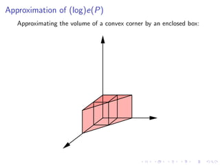 Approximation of (log)e(P)
   Approximating the volume of a convex corner by an enclosed box:
 