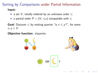 Sorting by Comparisons under Partial Information
   Input:
       a set V , totally ordered by an unknown order
       a partial order P = (V ,   P)   compatible with

   Goal: Discover    by making queries “is x      y ?”, for some
   x, y ∈ V
   Objective function: #queries




                                  OR          ?
 