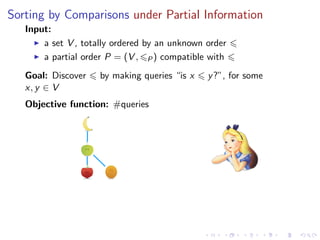 Sorting by Comparisons under Partial Information
   Input:
       a set V , totally ordered by an unknown order
       a partial order P = (V , P ) compatible with
   Goal: Discover    by making queries “is x   y ?”, for some
   x, y ∈ V
   Objective function: #queries
 
