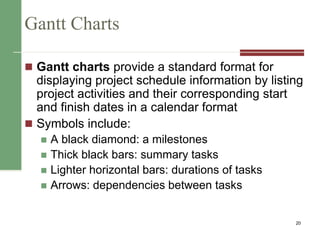 Gantt Charts
 Gantt charts provide a standard format for
displaying project schedule information by listing
project activities and their corresponding start
and finish dates in a calendar format
 Symbols include:
 A black diamond: a milestones
 Thick black bars: summary tasks
 Lighter horizontal bars: durations of tasks
 Arrows: dependencies between tasks
20
 