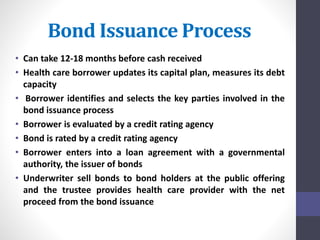 Bond Issuance Process 
• Can take 12-18 months before cash received 
• Health care borrower updates its capital plan, measures its debt 
capacity 
• Borrower identifies and selects the key parties involved in the 
bond issuance process 
• Borrower is evaluated by a credit rating agency 
• Bond is rated by a credit rating agency 
• Borrower enters into a loan agreement with a governmental 
authority, the issuer of bonds 
• Underwriter sell bonds to bond holders at the public offering 
and the trustee provides health care provider with the net 
proceed from the bond issuance 
 