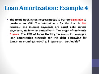 Loan Amortization: Example 4 
• The Johns Hopkington hospital needs to borrow $3million to 
purchase an MRI. The interest rate for the loan is 6%. 
Principal and interest payments are equal debt service 
payments, made on an annual basis. The length of the loan is 
5 years. The CFO of Johns Hopkington wants to develop a 
loan amortization schedule for this debt borrowing for 
tomorrow morning’s meeting. Prepare such a schedule? 
 