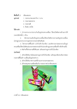 169



สื่อชิ้นที่ 2   กลองแสนกล
อุปกรณ         1. กระจกเงาขนาดเทากัน 3 บาน
                2. กระดาษลอกลาย
                3. กระดาษสี
                4. ดินสอ เทปใส
วิธีการทํา
          1. นํากระจกเงามาประกบกันเปนรูปทรงสามเหลี่ยม ใชเทปใสติดตามดานยาวให
กระจกติดกันทั้ง 3 ดาน
          2.      ตัดกระดาษแข็งเปนรูปสามเหลี่ยมใชเทปใสติดกระดาษแข็ง รูปสามเหลี่ย ม
ปลายฐานกระจกเงาเจาะรูตรงกลางกระดาษดวยดินสอ
          3. ใส ก ระดาษสี ชิ้ น เล็ ก ๆ เข า ไปข า งในกล อ ง และตั ด กระดาษลอกลายเป น รู ป
สามเหลี่ยมใชเทปใสติดแผนกระดาษลอกลายเขากับปลายดานฐานสามเหลี่ยมที่วางอีกดานหนึ่ง
          4. หันดานที่ใสกระดาษสีใหรับแสง แลวมองผานรูเจาะเขาไปในกลอง
ประโยชน
          1. เด็กจะไดเห็นภาพโดยมองผานรูเจาะเขาไปในกลอง แลวหมุนกลองจะเห็นภาพของ
กระดาษสีชิ้นเล็ก ๆ เปลี่ยนเปนรูปทรงตาง ๆ
          2. เด็กจะไดเห็นภาพจากแสงที่ผานมาทางกระดาษลอกลาย
          3. เด็กจะสนุกสนานเพลิดเพลินกับการมองภาพผานกลองแสนกล




ภาพที่ 6.2 กลองแสนกล
 