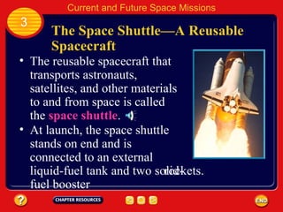 The Space Shuttle—A Reusable Spacecraft The reusable spacecraft that transports astronauts, satellites, and other materials to and from space is called the  space shuttle . 3 Current and Future Space Missions At launch, the space shuttle stands on end and is connected to an external liquid-fuel tank and two solid-fuel booster rockets. 