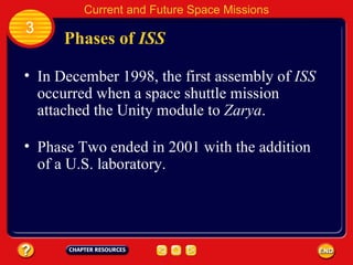 Phases of  ISS In December 1998, the first assembly of  ISS  occurred when a space shuttle mission attached the Unity module to  Zarya . Phase Two ended in 2001 with the addition of a U.S. laboratory. 3 Current and Future Space Missions 