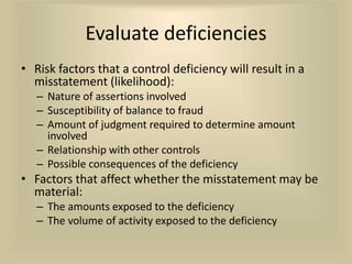 Evaluate deficiencies
• Risk factors that a control deficiency will result in a
  misstatement (likelihood):
   – Nature of assertions involved
   – Susceptibility of balance to fraud
   – Amount of judgment required to determine amount
     involved
   – Relationship with other controls
   – Possible consequences of the deficiency
• Factors that affect whether the misstatement may be
  material:
   – The amounts exposed to the deficiency
   – The volume of activity exposed to the deficiency
 