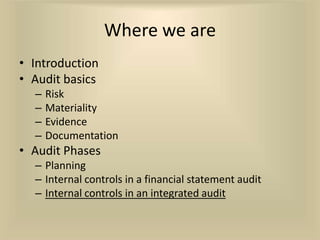 Where we are
• Introduction
• Audit basics
  –   Risk
  –   Materiality
  –   Evidence
  –   Documentation
• Audit Phases
  – Planning
  – Internal controls in a financial statement audit
  – Internal controls in an integrated audit
 