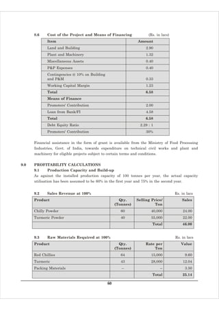 8.6    Cost of the Project and Means of Financing                  (Rs. in lacs)
             Item                                                  Amount
             Land and Building                                         2.90
             Plant and Machinery                                       1.32
             Miscellaneous Assets                                      0.40
             P&P Expenses                                              0.40
             Contingencies @ 10% on Building
             and P&M                                                   0.33
             Working Capital Margin                                    1.23
             Total                                                     6.58
             Means of Finance
             Promoters' Contribution                                   2.00
             Loan from Bank/FI                                         4.58
             Total                                                     6.58
             Debt Equity Ratio                                      2.29 : 1
             Promoters' Contribution                                   30%


      Financial assistance in the form of grant is available from the Ministry of Food Processing
      Industries, Govt. of India, towards expenditure on technical civil works and plant and
      machinery for eligible projects subject to certain terms and conditions.

9.0   PROFITABILITY CALCULATIONS
      9.1  Production Capacity and Build-up
      As against the installed production capacity of 100 tonnes per year, the actual capacity
      utilisation has been assumed to be 60% in the first year and 75% in the second year.


      9.2    Sales Revenue at 100%                                                       Rs. in lacs
      Product                                           Qty.      Selling Price/             Sales
                                                      (Tonnes)              Ton
      Chilly Powder                                      60               40,000             24.00
      Turmeric Powder                                    40               55,000             22.00
                                                                           Total             46.00


      9.3    Raw Materials Required at 100%                                              Rs. in lacs
      Product                                           Qty.           Rate per             Value
                                                      (Tonnes)             Ton
      Red Chillies                                       64               15,000               9.60
      Turmeric                                           43               28,000             12.04
      Packing Materials                                  --                      --            3.50
                                                                           Total             25.14

                                                 60
 