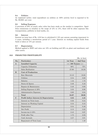 9.4     Utilities
       As explained earlier, total expenditure on utilities at 100% activity level is expected to be
       Rs. 90,000/- per year.

       9.5    Selling Expenses
       A provision of 20% of yearly sales value has been made as the market is competitive. Apart
       from commission to retailers in the range of 12% to 15%, there will be other expenses like
       transportation, publicity in local media, etc.

       9.6     Interest
       Interest on term loan of Rs. 4.58 lacs is calculated @ 12% per annum assuming repayment in
       4 years, including a moratorium period of 1 year. Interest on working capital funds from
       bank is taken at 14% per annum.

       9.7    Depreciation
       Method applied is WDV and rates are 10% on building and 20% on plant and machinery and
       other assets.

10.0   PROJECTED PROFITABILITY
                                                                                     (Rs. in lacs)
       No.    Particulars                                               1st Year      2nd Year
       A      Installed Capacity                                        ----- 100 Tonnes -----
              Capacity Utilisation                                           60%            75%
              Sales Realisation                                             27.60          34.50
       B      Cost of Production
              Raw Materials                                                 15.10          18.85
              Utilities                                                      0.54           0.68
              Salaries                                                       1.44           1.70
              Stores & Spares                                                0.36           0.48
              Repairs & Maintenance                                          0.48           0.60
              Selling Expenses @ 20%                                         5.55           6.90
              Administrative Expenses                                        0.60           0.84
              Total                                                        24.07           30.05
       C      Profit before Interest & Depreciation                          3.53           4.45
              Interest on Term Loan                                          0.50           0.34
              Interest on Working Capital                                    0.34           0.43
              Depreciation                                                   0.54           0.46
              Net Profit                                                     2.15           3.22
              Income-tax @ 20%                                               0.43           0.67
              Profit after Tax                                               1.73           2.55
              Cash Accruals                                                  2.27           3.01
              Repayment of Term Loan                                           --           1.40


                                                61
 