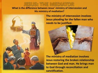 What is the difference between Jesus’ ministry of intercession and
His ministry of mediation?
The ministry of intercession involves
Jesus pleading for the fallen man who
needs to be justified.
The ministry of mediation involves
Jesus restoring the broken relationship
between God and man. He brings man
to God through reconciliation and
sanctification.
 