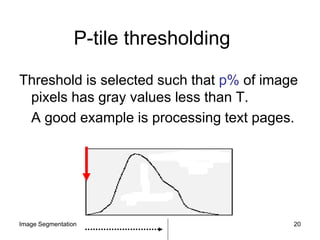 P-tile thresholding
Threshold is selected such that p% of image
pixels has gray values less than T.
A good example is processing text pages.
20Image Segmentation
 