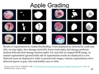 Apple Grading
Results of segmentation by isodata thresholding. Fruits displayed are defected by scald (top-
left), rot (top-right), frost damage (mid-left), bruise (mid-right), hail damage perfusion
(bottom-left) and flesh damage (bottom-right). For each fruit its original RGB image, its
manual segmentation (ground truth) and its segmentation results are displayed in a row.
Defected areas are displayed in white in ground truth images, whereas segmentations show
defected regions in gray color and healthy ones in white.
Courtesy of D. UNAY, B. GOSSELIN, 2005, "Thresholding-based Segmentation and Apple Grading by Machine Vision", Proc. of
EUSIPCO 2005, Antalya, Turkey. 26
 