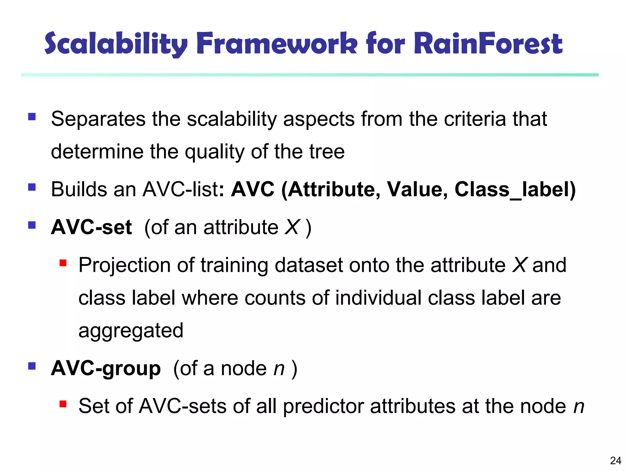 24 
Scalability Framework for RainForest 
 Separates the scalability aspects from the criteria that 
determine the quality of the tree 
 Builds an AVC-list: AVC (Attribute, Value, Class_label) 
 AVC-set (of an attribute X ) 
 Projection of training dataset onto the attribute X and 
class label where counts of individual class label are 
aggregated 
 AVC-group (of a node n ) 
 Set of AVC-sets of all predictor attributes at the node n 
 