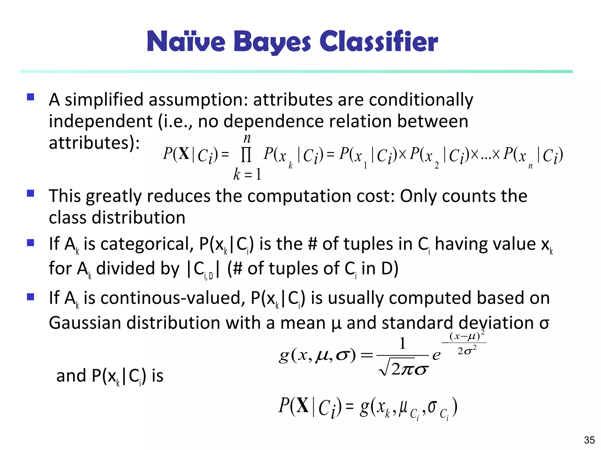 35 
Naïve Bayes Classifier 
 A simplified assumption: attributes are conditionally 
independent (i.e., no dependence relation between 
attributes): 
Õ = ´ ´ ´ 
= 
( | ) ( | ) 
 This greatly reduces the computation cost: Only counts the 
class distribution 
 If Ak is categorical, P(xk|Ci) is the # of tuples in Ci having value xk 
for Ak divided by |Ci, D| (# of tuples of Ci in D) 
 If Ak is continous-valued, P(xk|Ci) is usually computed based on 
Gaussian distribution with a mean μ and standard deviation σ 
and P(xk|Ci) is 
( | ) ( | ) ... ( | ) 
1 
1 2 P x Ci P x Ci P x Ci 
n 
k 
P Ci P x Ci 
k n 
X = 
( ) 
( , , ) 1 s 
2 
2 
2 
2 
m 
ps 
m s 
- - 
= 
x 
g x e 
( | ) ( , , ) k Ci Ci P X Ci = g x m s 
 