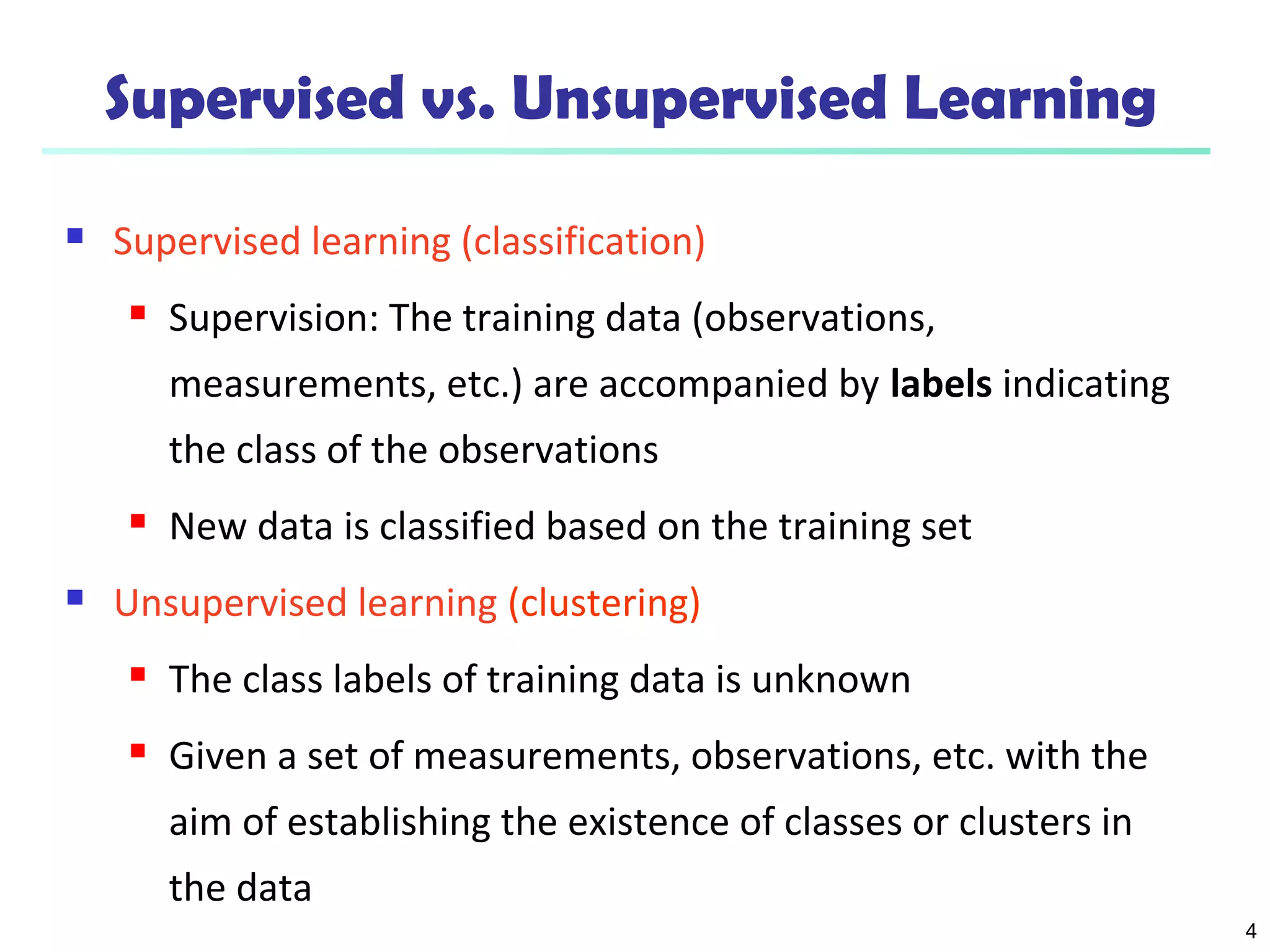 4 
Supervised vs. Unsupervised Learning 
 Supervised learning (classification) 
 Supervision: The training data (observations, 
measurements, etc.) are accompanied by labels indicating 
the class of the observations 
 New data is classified based on the training set 
 Unsupervised learning (clustering) 
 The class labels of training data is unknown 
 Given a set of measurements, observations, etc. with the 
aim of establishing the existence of classes or clusters in 
the data 
 