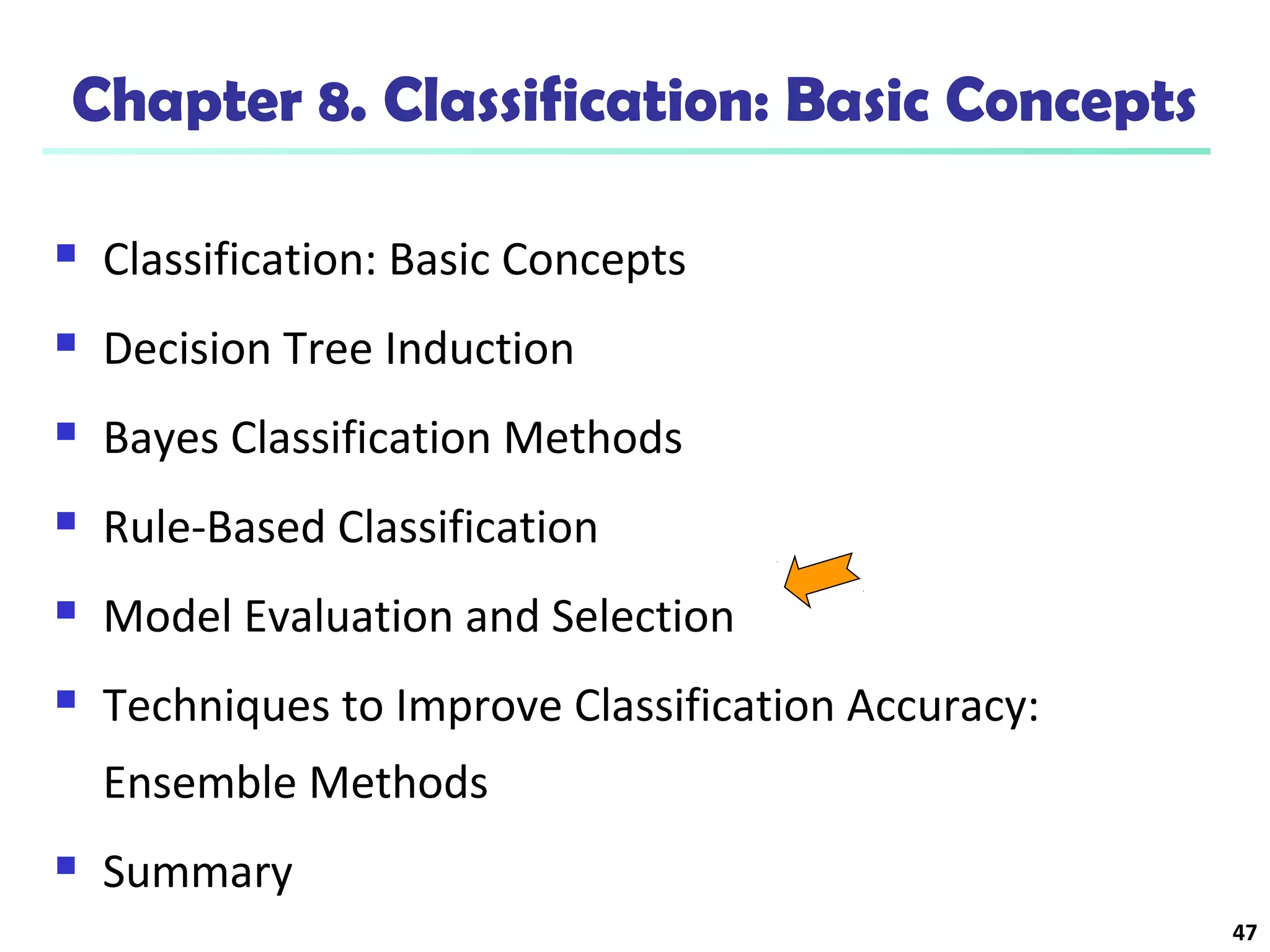 47 
Chapter 8. Classification: Basic Concepts 
 Classification: Basic Concepts 
 Decision Tree Induction 
 Bayes Classification Methods 
 Rule-Based Classification 
 Model Evaluation and Selection 
 Techniques to Improve Classification Accuracy: 
Ensemble Methods 
 Summary 
 