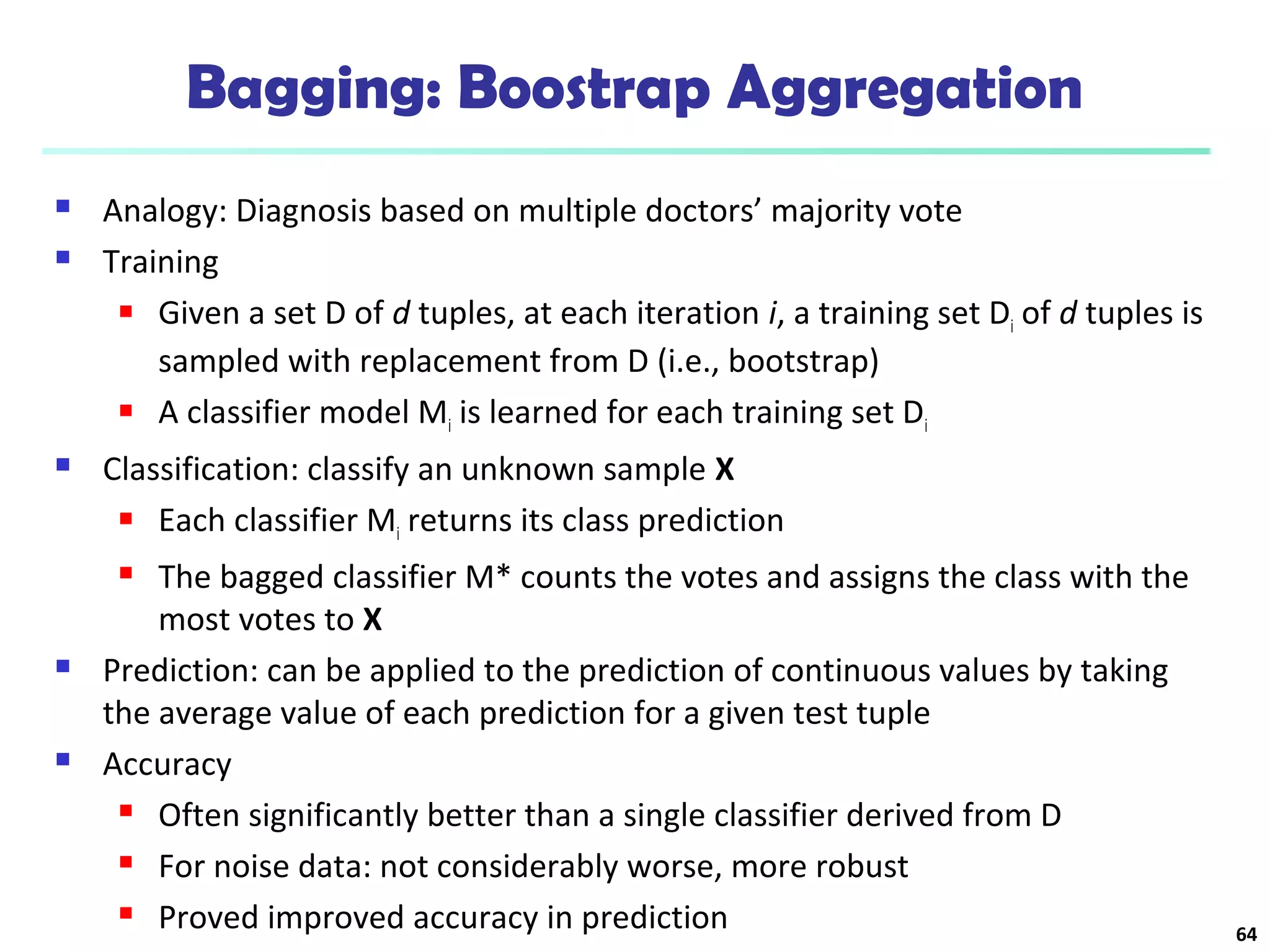 Bagging: Boostrap Aggregation 
 Analogy: Diagnosis based on multiple doctors’ majority vote 
 Training 
 Given a set D of d tuples, at each iteration i, a training set Di of d tuples is 
sampled with replacement from D (i.e., bootstrap) 
 A classifier model Mi is learned for each training set Di 
 Classification: classify an unknown sample X 
 Each classifier Mi returns its class prediction 
 The bagged classifier M* counts the votes and assigns the class with the 
most votes to X 
 Prediction: can be applied to the prediction of continuous values by taking 
the average value of each prediction for a given test tuple 
 Accuracy 
 Often significantly better than a single classifier derived from D 
 For noise data: not considerably worse, more robust 
 Proved improved accuracy in prediction 64 
 