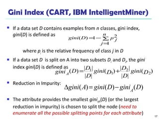 17 
Gini Index (CART, IBM IntelligentMiner) 
 If a data set D contains examples from n classes, gini index, 
gini(D) is defined as 
n 
j 
( ) 1 2 
gini D p j 
å= 
= - 
1 
where pj is the relative frequency of class j in D 
 If a data set D is split on A into two subsets D1 and D2, the gini 
index gini(D) is defined as 
gini D D A = + 
 Reduction in Impurity: 
D 
( ) | | 2 
1 gini D 
( ) 
( ) | 2 
| 
D 
| | 
D 
| | 
gini D 
1 
gini(A) gini(D) gini (D) A D = - 
 The attribute provides the smallest ginisplit(D) (or the largest 
reduction in impurity) is chosen to split the node (need to 
enumerate all the possible splitting points for each attribute) 
 