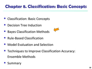 30 
Chapter 8. Classification: Basic Concepts 
 Classification: Basic Concepts 
 Decision Tree Induction 
 Bayes Classification Methods 
 Rule-Based Classification 
 Model Evaluation and Selection 
 Techniques to Improve Classification Accuracy: 
Ensemble Methods 
 Summary 
 
