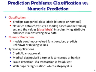 5 
Prediction Problems: Classification vs. 
 Classification 
Numeric Prediction 
 predicts categorical class labels (discrete or nominal) 
 classifies data (constructs a model) based on the training 
set and the values (class labels) in a classifying attribute 
and uses it in classifying new data 
 Numeric Prediction 
 models continuous-valued functions, i.e., predicts 
unknown or missing values 
 Typical applications 
 Credit/loan approval: 
 Medical diagnosis: if a tumor is cancerous or benign 
 Fraud detection: if a transaction is fraudulent 
 Web page categorization: which category it is 
 