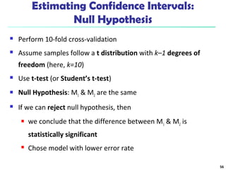 Estimating Confidence Intervals: 
Null Hypothesis 
 Perform 10-fold cross-validation 
 Assume samples follow a t distribution with k–1 degrees of 
freedom (here, k=10) 
 Use t-test (or Student’s t-test) 
 Null Hypothesis: M1 & M2 are the same 
 If we can reject null hypothesis, then 
 we conclude that the difference between M1 & M2 is 
statistically significant 
 Chose model with lower error rate 
56 
 