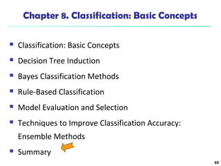 69 
Chapter 8. Classification: Basic Concepts 
 Classification: Basic Concepts 
 Decision Tree Induction 
 Bayes Classification Methods 
 Rule-Based Classification 
 Model Evaluation and Selection 
 Techniques to Improve Classification Accuracy: 
Ensemble Methods 
 Summary 
 