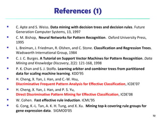 References (1) 
 C. Apte and S. Weiss. Data mining with decision trees and decision rules. Future 
Generation Computer Systems, 13, 1997 
 C. M. Bishop, Neural Networks for Pattern Recognition. Oxford University Press, 
1995 
 L. Breiman, J. Friedman, R. Olshen, and C. Stone. Classification and Regression Trees. 
Wadsworth International Group, 1984 
 C. J. C. Burges. A Tutorial on Support Vector Machines for Pattern Recognition. Data 
Mining and Knowledge Discovery, 2(2): 121-168, 1998 
 P. K. Chan and S. J. Stolfo. Learning arbiter and combiner trees from partitioned 
data for scaling machine learning. KDD'95 
 H. Cheng, X. Yan, J. Han, and C.-W. Hsu, 
Discriminative Frequent Pattern Analysis for Effective Classification, ICDE'07 
 H. Cheng, X. Yan, J. Han, and P. S. Yu, 
Direct Discriminative Pattern Mining for Effective Classification, ICDE'08 
 W. Cohen. Fast effective rule induction. ICML'95 
 G. Cong, K.-L. Tan, A. K. H. Tung, and X. Xu. Mining top-k covering rule groups for 
gene expression data. SIGMOD'05 
72 
 