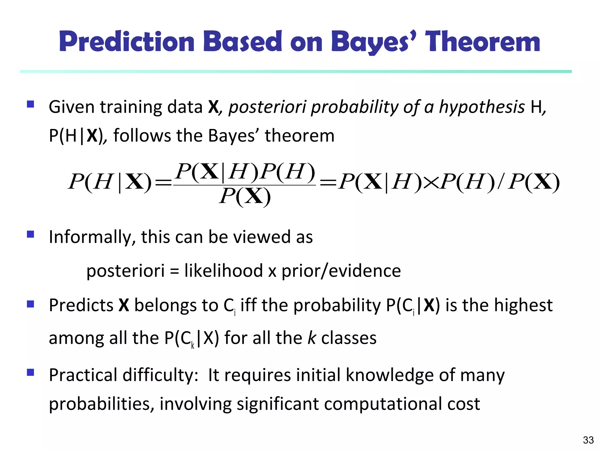 33
Prediction Based on Bayes’ Theorem
 Given training data X, posteriori probability of a hypothesis H,
P(H|X), follows the Bayes’ theorem
 Informally, this can be viewed as
posteriori = likelihood x prior/evidence
 Predicts X belongs to Ci iff the probability P(Ci|X) is the highest
among all the P(Ck|X) for all the k classes
 Practical difficulty: It requires initial knowledge of many
probabilities, involving significant computational cost
)(/)()|(
)(
)()|()|( XX
X
XX PHPHP
P
HPHPHP ×==
 