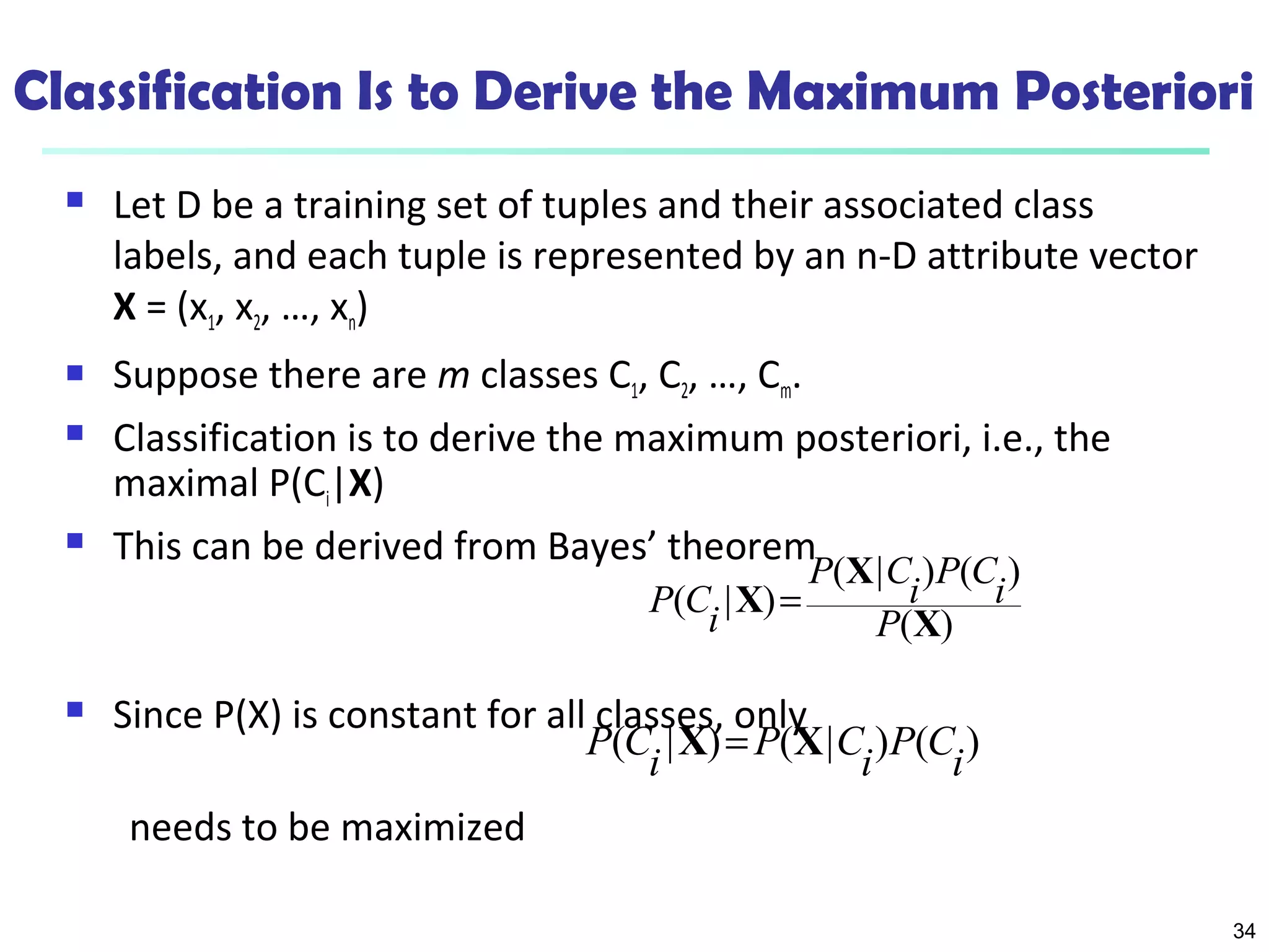 34
Classification Is to Derive the Maximum Posteriori
 Let D be a training set of tuples and their associated class
labels, and each tuple is represented by an n-D attribute vector
X = (x1, x2, …, xn)
 Suppose there are m classes C1, C2, …, Cm.
 Classification is to derive the maximum posteriori, i.e., the
maximal P(Ci|X)
 This can be derived from Bayes’ theorem
 Since P(X) is constant for all classes, only
needs to be maximized
)(
)()|(
)|(
X
X
X
P
i
CP
i
CP
i
CP =
)()|()|(
i
CP
i
CP
i
CP XX =
 