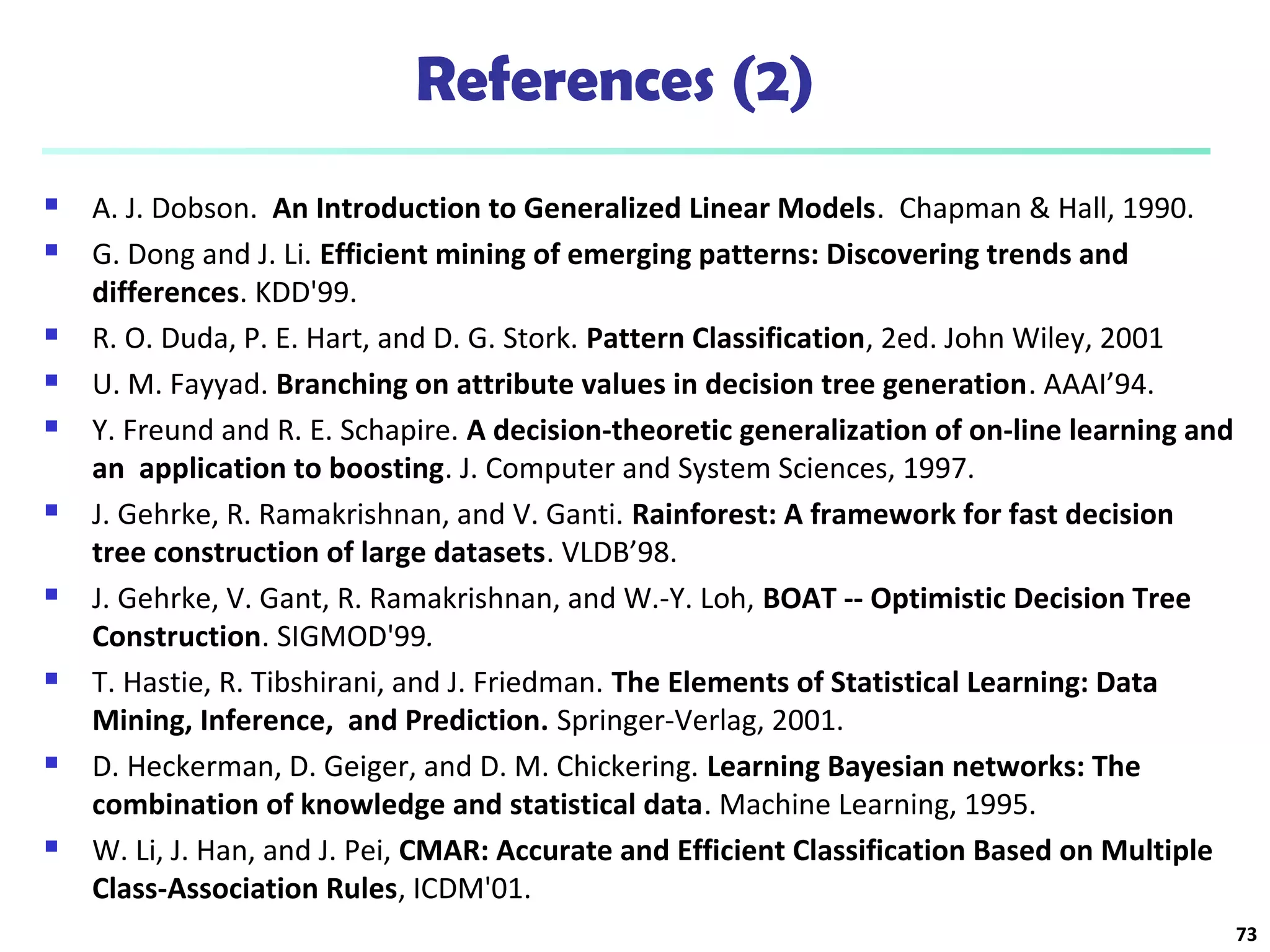 References (2)
 A. J. Dobson. An Introduction to Generalized Linear Models. Chapman & Hall, 1990.
 G. Dong and J. Li. Efficient mining of emerging patterns: Discovering trends and
differences. KDD'99.
 R. O. Duda, P. E. Hart, and D. G. Stork. Pattern Classification, 2ed. John Wiley, 2001
 U. M. Fayyad. Branching on attribute values in decision tree generation. AAAI’94.
 Y. Freund and R. E. Schapire. A decision-theoretic generalization of on-line learning and
an application to boosting. J. Computer and System Sciences, 1997.
 J. Gehrke, R. Ramakrishnan, and V. Ganti. Rainforest: A framework for fast decision
tree construction of large datasets. VLDB’98.
 J. Gehrke, V. Gant, R. Ramakrishnan, and W.-Y. Loh, BOAT -- Optimistic Decision Tree
Construction. SIGMOD'99.
 T. Hastie, R. Tibshirani, and J. Friedman. The Elements of Statistical Learning: Data
Mining, Inference, and Prediction. Springer-Verlag, 2001.
 D. Heckerman, D. Geiger, and D. M. Chickering. Learning Bayesian networks: The
combination of knowledge and statistical data. Machine Learning, 1995.
 W. Li, J. Han, and J. Pei, CMAR: Accurate and Efficient Classification Based on Multiple
Class-Association Rules, ICDM'01.
73
 