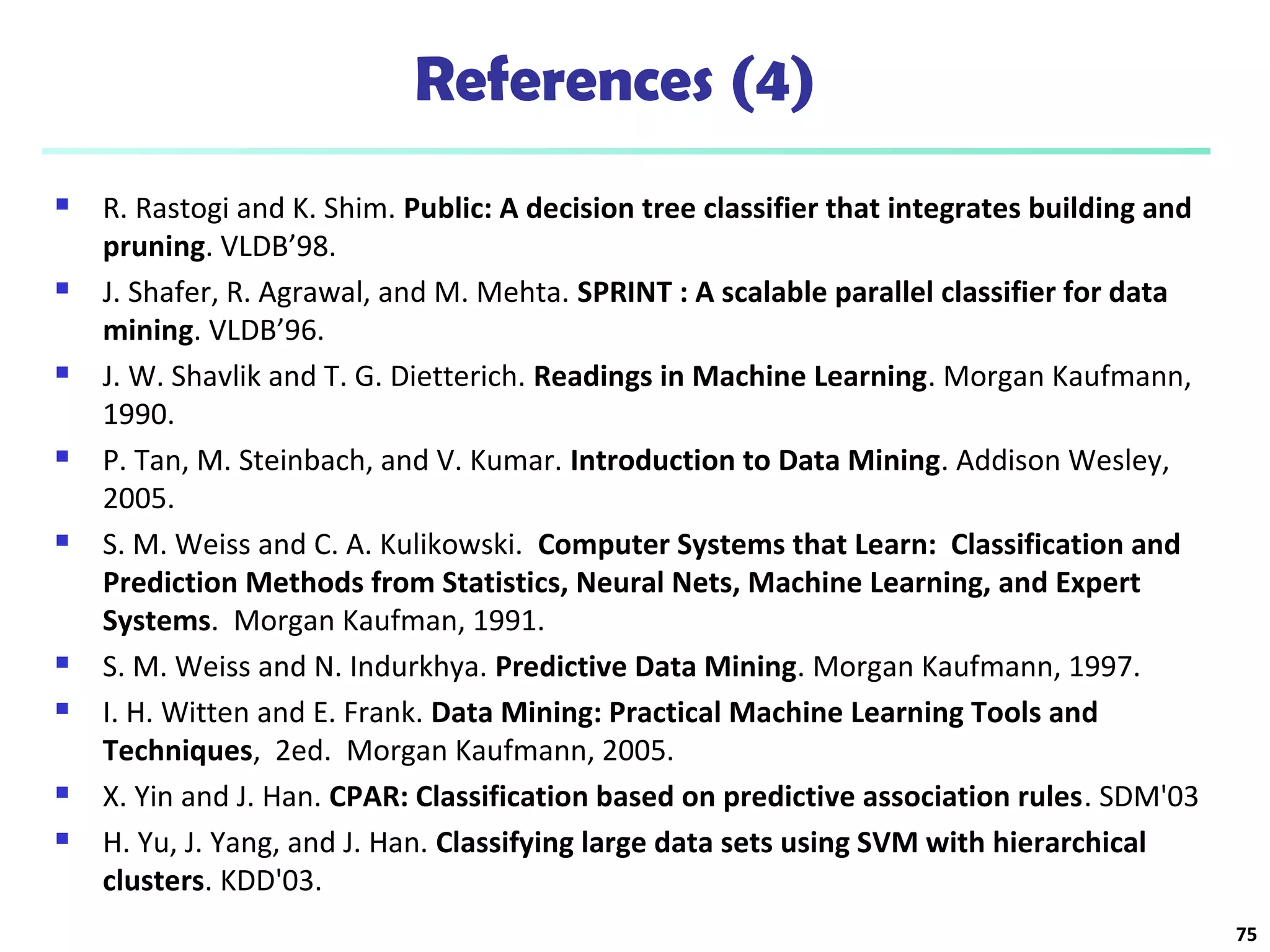 References (4)
 R. Rastogi and K. Shim. Public: A decision tree classifier that integrates building and
pruning. VLDB’98.
 J. Shafer, R. Agrawal, and M. Mehta. SPRINT : A scalable parallel classifier for data
mining. VLDB’96.
 J. W. Shavlik and T. G. Dietterich. Readings in Machine Learning. Morgan Kaufmann,
1990.
 P. Tan, M. Steinbach, and V. Kumar. Introduction to Data Mining. Addison Wesley,
2005.
 S. M. Weiss and C. A. Kulikowski. Computer Systems that Learn: Classification and
Prediction Methods from Statistics, Neural Nets, Machine Learning, and Expert
Systems. Morgan Kaufman, 1991.
 S. M. Weiss and N. Indurkhya. Predictive Data Mining. Morgan Kaufmann, 1997.
 I. H. Witten and E. Frank. Data Mining: Practical Machine Learning Tools and
Techniques, 2ed. Morgan Kaufmann, 2005.
 X. Yin and J. Han. CPAR: Classification based on predictive association rules. SDM'03
 H. Yu, J. Yang, and J. Han. Classifying large data sets using SVM with hierarchical
clusters. KDD'03.
75
 