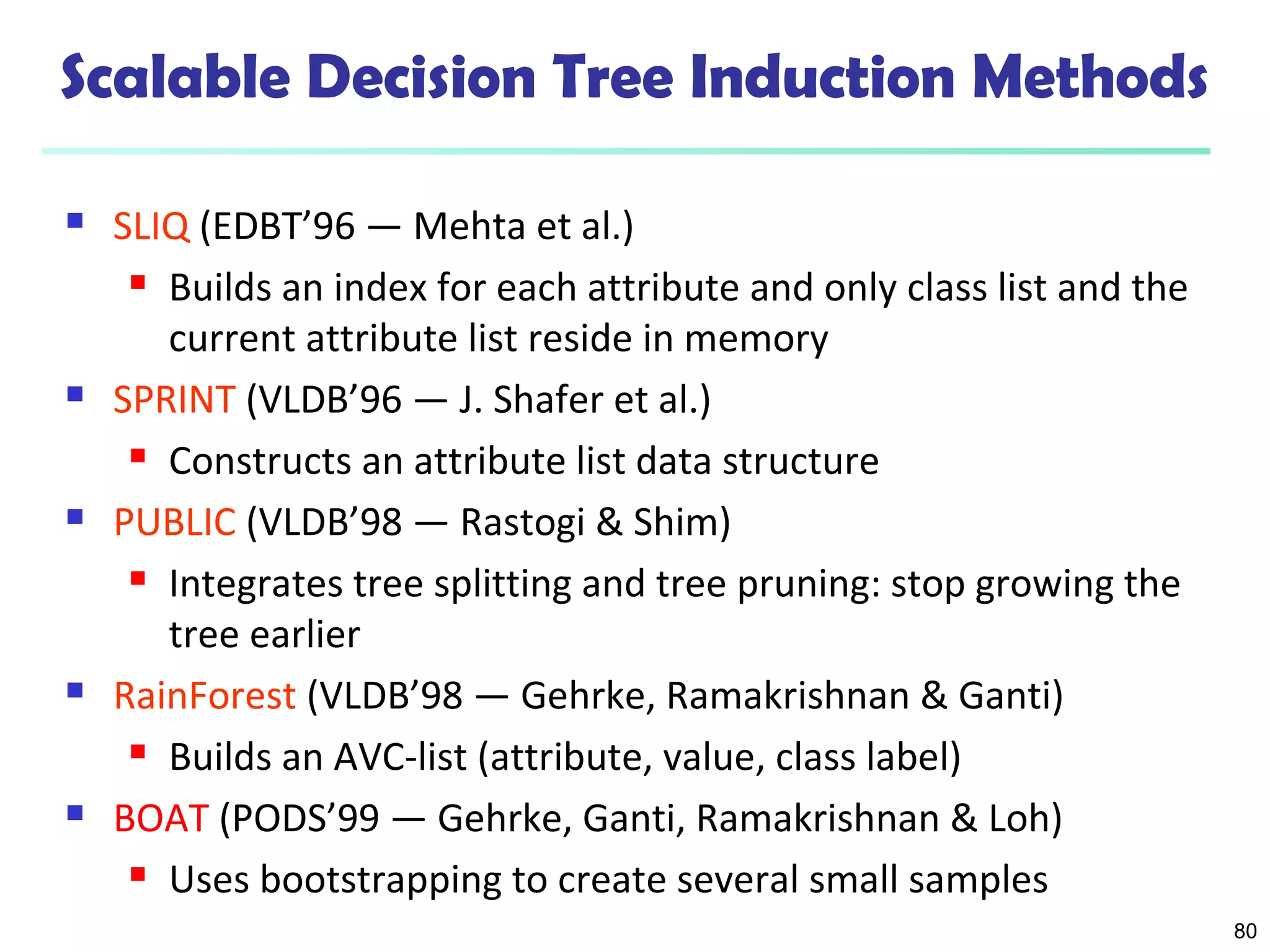 80
Scalable Decision Tree Induction Methods
 SLIQ (EDBT’96 — Mehta et al.)
 Builds an index for each attribute and only class list and the
current attribute list reside in memory
 SPRINT (VLDB’96 — J. Shafer et al.)
 Constructs an attribute list data structure
 PUBLIC (VLDB’98 — Rastogi & Shim)
 Integrates tree splitting and tree pruning: stop growing the
tree earlier
 RainForest (VLDB’98 — Gehrke, Ramakrishnan & Ganti)
 Builds an AVC-list (attribute, value, class label)
 BOAT (PODS’99 — Gehrke, Ganti, Ramakrishnan & Loh)
 Uses bootstrapping to create several small samples
 