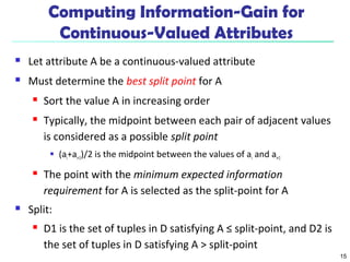 15
Computing Information-Gain for
Continuous-Valued Attributes
 Let attribute A be a continuous-valued attribute
 Must determine the best split point for A
 Sort the value A in increasing order
 Typically, the midpoint between each pair of adjacent values
is considered as a possible split point
 (ai+ai+1)/2 is the midpoint between the values of ai and ai+1
 The point with the minimum expected information
requirement for A is selected as the split-point for A
 Split:
 D1 is the set of tuples in D satisfying A ≤ split-point, and D2 is
the set of tuples in D satisfying A > split-point
 