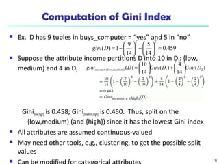 18
Computation of Gini Index
 Ex. D has 9 tuples in buys_computer = “yes” and 5 in “no”
 Suppose the attribute income partitions D into 10 in D1: {low,
medium} and 4 in D2
Gini{low,high} is 0.458; Gini{medium,high} is 0.450. Thus, split on the
{low,medium} (and {high}) since it has the lowest Gini index
 All attributes are assumed continuous-valued
 May need other tools, e.g., clustering, to get the possible split
values

459.0
14
5
14
9
1)(
22
=





−





−=Dgini
)(
14
4
)(
14
10
)( 21},{ DGiniDGiniDgini mediumlowincome 





+





=∈
 