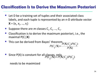 34
Classification Is to Derive the Maximum Posteriori
 Let D be a training set of tuples and their associated class
labels, and each tuple is represented by an n-D attribute vector
X = (x1, x2, …, xn)
 Suppose there are m classes C1, C2, …, Cm.
 Classification is to derive the maximum posteriori, i.e., the
maximal P(Ci|X)
 This can be derived from Bayes’ theorem
 Since P(X) is constant for all classes, only
needs to be maximized
)(
)()|(
)|(
X
X
X
P
i
CP
i
CP
i
CP =
)()|()|(
i
CP
i
CP
i
CP XX =
 