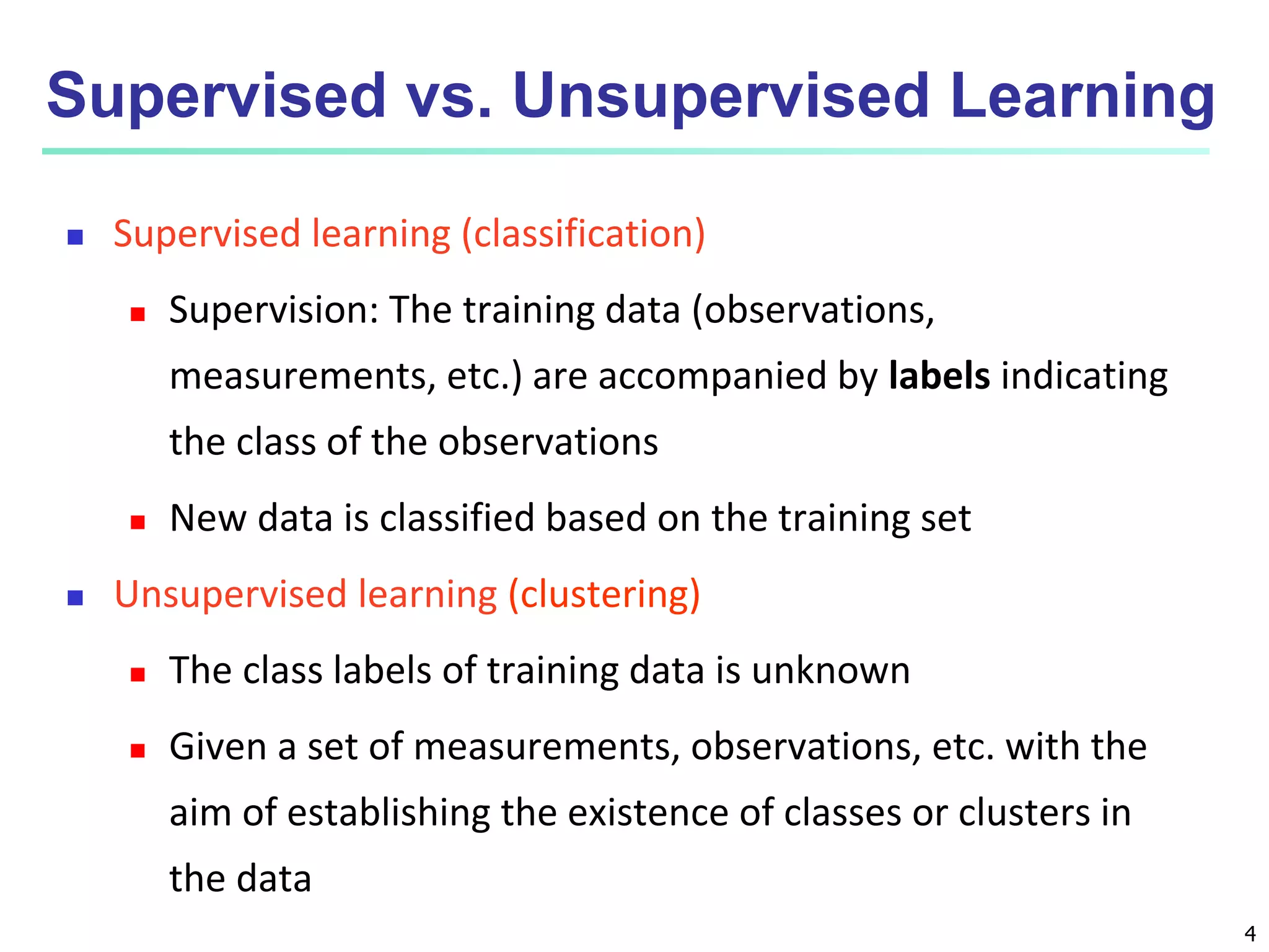 4
Supervised vs. Unsupervised Learning
 Supervised learning (classification)
 Supervision: The training data (observations,
measurements, etc.) are accompanied by labels indicating
the class of the observations
 New data is classified based on the training set
 Unsupervised learning (clustering)
 The class labels of training data is unknown
 Given a set of measurements, observations, etc. with the
aim of establishing the existence of classes or clusters in
the data
 