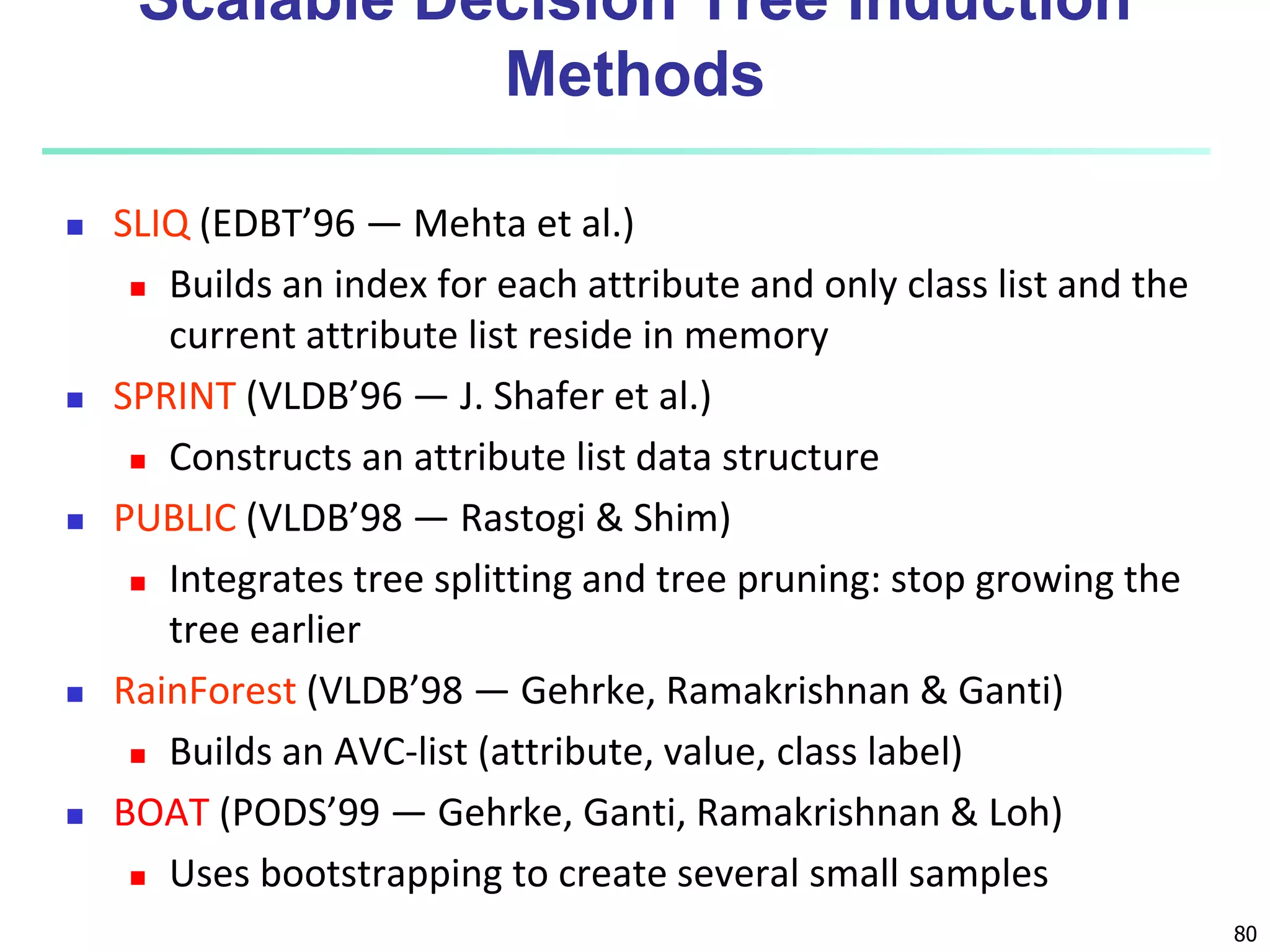 80
Scalable Decision Tree Induction
Methods
 SLIQ (EDBT’96 — Mehta et al.)
 Builds an index for each attribute and only class list and the
current attribute list reside in memory
 SPRINT (VLDB’96 — J. Shafer et al.)
 Constructs an attribute list data structure
 PUBLIC (VLDB’98 — Rastogi & Shim)
 Integrates tree splitting and tree pruning: stop growing the
tree earlier
 RainForest (VLDB’98 — Gehrke, Ramakrishnan & Ganti)
 Builds an AVC-list (attribute, value, class label)
 BOAT (PODS’99 — Gehrke, Ganti, Ramakrishnan & Loh)
 Uses bootstrapping to create several small samples
 