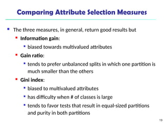 19
Comparing Attribute Selection Measures
 The three measures, in general, return good results but
 Information gain:

biased towards multivalued attributes
 Gain ratio:

tends to prefer unbalanced splits in which one partition is
much smaller than the others
 Gini index:

biased to multivalued attributes

has difficulty when # of classes is large

tends to favor tests that result in equal-sized partitions
and purity in both partitions
 