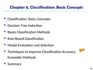 62
Chapter 8. Classification: Basic Concepts
 Classification: Basic Concepts
 Decision Tree Induction
 Bayes Classification Methods
 Rule-Based Classification
 Model Evaluation and Selection
 Techniques to Improve Classification Accuracy:
Ensemble Methods
 Summary
 