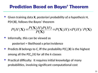 33
Prediction Based on Bayes’ Theorem
 Given training data X, posteriori probability of a hypothesis H,
P(H|X), follows the Bayes’ theorem
 Informally, this can be viewed as
posteriori = likelihood x prior/evidence
 Predicts X belongs to Ci iff the probability P(Ci|X) is the highest
among all the P(Ck|X) for all the k classes
 Practical difficulty: It requires initial knowledge of many
probabilities, involving significant computational cost
)
(
/
)
(
)
|
(
)
(
)
(
)
|
(
)
|
( X
X
X
X
X P
H
P
H
P
P
H
P
H
P
H
P 


 