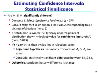 Estimating Confidence Intervals:
Statistical Significance
 Are M1 & M2 significantly different?

Compute t. Select significance level (e.g. sig = 5%)

Consult table for t-distribution: Find t value corresponding to k-1
degrees of freedom (here, 9)

t-distribution is symmetric: typically upper % points of
distribution shown → look up value for confidence limit z=sig/2
(here, 0.025)

If t > z or t < -z, then t value lies in rejection region:
 Reject null hypothesis that mean error rates of M1 & M2 are
same
 Conclude: statistically significant difference between M1 & M2

Otherwise, conclude that any difference is chance
59
 