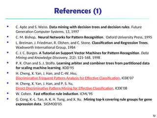 References (1)
 C. Apte and S. Weiss. Data mining with decision trees and decision rules. Future
Generation Computer Systems, 13, 1997
 C. M. Bishop, Neural Networks for Pattern Recognition. Oxford University Press, 1995
 L. Breiman, J. Friedman, R. Olshen, and C. Stone. Classification and Regression Trees.
Wadsworth International Group, 1984
 C. J. C. Burges. A Tutorial on Support Vector Machines for Pattern Recognition. Data
Mining and Knowledge Discovery, 2(2): 121-168, 1998
 P. K. Chan and S. J. Stolfo. Learning arbiter and combiner trees from partitioned data
for scaling machine learning. KDD'95
 H. Cheng, X. Yan, J. Han, and C.-W. Hsu,
Discriminative Frequent Pattern Analysis for Effective Classification, ICDE'07
 H. Cheng, X. Yan, J. Han, and P. S. Yu,
Direct Discriminative Pattern Mining for Effective Classification, ICDE'08
 W. Cohen. Fast effective rule induction. ICML'95
 G. Cong, K.-L. Tan, A. K. H. Tung, and X. Xu. Mining top-k covering rule groups for gene
expression data. SIGMOD'05
72
 