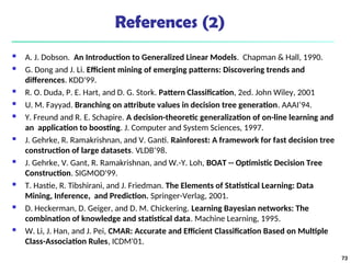References (2)
 A. J. Dobson. An Introduction to Generalized Linear Models. Chapman & Hall, 1990.
 G. Dong and J. Li. Efficient mining of emerging patterns: Discovering trends and
differences. KDD'99.
 R. O. Duda, P. E. Hart, and D. G. Stork. Pattern Classification, 2ed. John Wiley, 2001
 U. M. Fayyad. Branching on attribute values in decision tree generation. AAAI’94.
 Y. Freund and R. E. Schapire. A decision-theoretic generalization of on-line learning and
an application to boosting. J. Computer and System Sciences, 1997.
 J. Gehrke, R. Ramakrishnan, and V. Ganti. Rainforest: A framework for fast decision tree
construction of large datasets. VLDB’98.
 J. Gehrke, V. Gant, R. Ramakrishnan, and W.-Y. Loh, BOAT -- Optimistic Decision Tree
Construction. SIGMOD'99.
 T. Hastie, R. Tibshirani, and J. Friedman. The Elements of Statistical Learning: Data
Mining, Inference, and Prediction. Springer-Verlag, 2001.
 D. Heckerman, D. Geiger, and D. M. Chickering. Learning Bayesian networks: The
combination of knowledge and statistical data. Machine Learning, 1995.
 W. Li, J. Han, and J. Pei, CMAR: Accurate and Efficient Classification Based on Multiple
Class-Association Rules, ICDM'01.
73
 