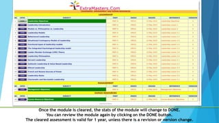 Once the module is cleared, the stats of the module will change to DONE.
You can review the module again by clicking on the DONE button.
The cleared assessment is valid for 1 year, unless there is a revision or version change.
 