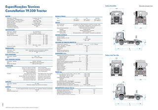 Especificações Técnicas
Constellation 19.330 Tractor
MOTOR					
Fabricante / Modelo	
Nº de cilindros / Cilindrada (cm³)	
Potência Líq. Máx. - cv (kw) @ rpm (*)	
Torque Líq. Máx. - Nm @ rpm (*)	
Sistema de Injeção	
Compressor de Ar	
Norma de Emissões	
Tecnologia de Emissões	

Cummins / ISL 330	
6 / 8.900	
330 (246) @ 2.100	
1.450 @ 1.000-1.500	
Common Rail	
Knorr LK39 (360 cm³)	
Proconve P7	
SCR	

(*) Valores conforme NBR ISO 1585				

TRANSMISSÃO					
Fabricante / Modelo		
ZF / 16S 1585 TD		
Tipo / Acionamento		
Manual / à cabo		
Nº de marchas		 à frente (sincronizadas), 2 à ré	
16
Relação de transmissão:	
1ª	 16,41:1	
9ª	 3,59:1	
	
2ª	 13,80:1	
10ª	3,02:1	
	
3ª	 11,28:1	
11ª	2,47:1	
	
4ª	 9,49:1	
12ª	2,08:1	
	
5ª	 7,76:1	
13ª	1,70:1	
	
6ª	 6,53:1	
14ª	1,43:1	
	
7ª	 5,43:1	
15ª	1,19:1	
	
8ª	 4,57:1	
16ª	1,00:1	
			
Ré 15,36:1 / 12,92:1			
Sistema de Tração		
4 x 2		

EMBREAGEM					
Fabricante / Tipo	
Acionamento	
Diâmetro do disco (mm)	

Sachs / monodisco a seco, revestimento orgânico	
Pull type, hidráulico assistido a ar	
430	

EIXO DIANTEIRO					
Fabricante / Modelo	
Tipo	

Sifco / 13K 	
Viga “I” em aço forjado	

EIXO TRASEIRO MOTRIZ					
Fabricante / Modelo	
Tipo	
Relação de redução	

Meritor / MS 23165 	
Eixo rígido em aço estampado	
3,42:1 ou 3,73:1 (opc.)	

SUSPENSÃO					
Dianteira	
	
	
	
	
Traseira	
	
	
	
	
	

Molas semi-elípticas de duplo 		 Molas parabólicas,
estágio com ação progressiva, 		 amortecedores hidráulicos
amortecedores hidráulicos 		 telescópicos de dupla ação,
telescópicos de dupla ação, 		 barra estabilizadora
barra estabilizadora			
Eixo rígido motriz, molas		 Eixo rígido motriz, pneumática	
principais semi-elípticas de		 com 2 bolsões de ar, válvula	
duplo estágio com ação progressiva,		 niveladora, amortecedores	
molas auxiliares parabólicas,		 hidráulicos telescópicos de	
amortecedores hidráulicos		 dupla ação, molas tensoras,	
telescópicos de dupla ação		 barra panhard	

DIREÇÃO					
Fabricante / Modelo	
Tipo	

ZF / 8097	
Hidráulica integral com esferas recirculantes 	

CHASSIS					
Tipo	
Escada, longarinas duplas, retas de perfil “U” constante, rebitado e parafusado	
Material		LNE 500		
Módulo Seccional (cm³)		
252		

Cabine Estendida

Dimensões principais (mm)

RODAS E PNEUS					
Tipo	
	
Pneus	

Aço	 Aço	Alumínio	
(7,5” x 22,5”)	
(8,25” x 22,5”)	
(8,25” x 22,5”)	
275/70R22,5	
275 / 80 R22,5	
295 / 80 R22,5	

1

FREIOS					
Freio de Serviço	
Tipo / Circuito	
	
Freio de Estacionamento	
Atuação	
Acionamento	
Freio Motor / Tipo	
Acionamento	

Ar, tambor nas rodas dianteiras e traseiras com ABS + EBD	
S-Came / circuito duplo, independente, reservatórios de ar,
secador de ar com filtro coalescente	
Câmara de molas acumuladoras	
Rodas traseiras	
Válvula moduladora no painel	
Freio de cabeçote	
Eletropneumático, tecla no painel e comando no acelerador	

833

SISTEMA ELÉTRICO					
Tensão Nominal	
Tomada auxiliar p/ 12 volts	
Bateria	
Alternador	

24V	
Série	
2 x (12V - 135Ah)	
80A - 28V	

VOLUMES DE ABASTECIMENTO (l)					
Combustível / material	
440 / Alumínio		
2 x 275 / Plástico	
Cárter - com filtro / sem filtro	
33,8 / 31,5	
Caixa de Mudanças	
13,0	
Eixo Traseiro 	
21,0	
Direção	2,0	
Sistema de Arrefecimento	
31,5	
Tanque de uréia (ARLA 32)	
60	

F

E

1.511

A
C

D

B

DIMENSÕES (mm)					
Distância entre-eixos (eixos extremos)	
A	
Balanço dianteiro		
Balanço traseiro	
B	
Comprimento total	
C	
Altura da 5ª roda	
D	
Largura máxima dianteira (extremos do para-choque)	
Largura entre longarinas (externa)		
Bitola dianteira		
Bitola traseira		
Vão livre dianteiro		
Vão livre traseiro		
Ângulo de entrada	
E	
Ângulo de saída	
F	

3.560		
1.511		
978		
6.049		
1.233		
2.507		
872		
2.096		
1.847		
245		
237		
20º		
26º		

Cabine Leito Teto Alto

PESOS (kg)					
Peso em ordem de marcha (Total) - cab. est. / leito	
6.410 / 6.560		
Eixo dianteiro - cab. est. / leito		
4.230 / 4.450		
Eixo traseiro - cab. est. / leito		
2.180 / 2.110		
Capacidade técnica (Total)		
17.100		
Dianteiro		6.100		
Traseiro		11.000		
Peso bruto total (PBT) - homologado		
16.000		
Peso Bruto Total Combinado (PBTC) - homologado	
45.000		
Capacidade Máxima de Tração (CMT)		
45.000		
Capacidade Máxima de Carga Útil + carroceria		
38.590 / 38.440		
Obs.: Os pesos podem sofrer alterações devido aos ítens opcionais. Tolerância + ou - 3%. (Referência NBR ISO 1176)	

DESEMPENHO (Cálculo Teórico)					
Relação de redução do eixo traseiro	
Velocidade máxima (km/h)	
Capacidade de rampa em PBT (%)	
Partida em rampa em PBT (%)	

3,42:1		
110		
32		
31		

3,73:1	
111	
35	
34	

Obs.: Dados projetados por simulação de performance

F

01/2013

E

1.511

Dados técnicos sujeitos a alterações sem aviso prévio. Imagens meramente ilustrativas.

A
C

B

D

 