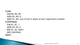 Code:
SUB R0, R0, R0
ADDi R2, R0, 0;
ADDi R1, R0, sum of last 4-digits of your registration number;
CONTINUE:
SUB R1, R1, 1
ADDi R2, R2, 0
BNE R1, R2, NEXT;
JMP CONTINUE;
NEXT:
Computer Architecture~ Fall 2018 18
 