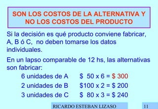 RICARDO ESTEBAN LIZASO 11
SON LOS COSTOS DE LA ALTERNATIVA Y
NO LOS COSTOS DEL PRODUCTO
Si la decisión es qué producto conviene fabricar,
A, B ó C, no deben tomarse los datos
individuales.
En un lapso comparable de 12 hs, las alternativas
son fabricar:
6 unidades de A $ 50 x 6 = $ 300
2 unidades de B $100 x 2 = $ 200
3 unidades de C $ 80 x 3 = $ 240
 