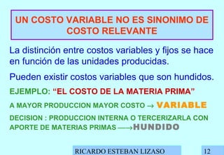 RICARDO ESTEBAN LIZASO 12
UN COSTO VARIABLE NO ES SINONIMO DE
COSTO RELEVANTE
La distinción entre costos variables y fijos se hace
en función de las unidades producidas.
Pueden existir costos variables que son hundidos.
EJEMPLO: “EL COSTO DE LA MATERIA PRIMA”
A MAYOR PRODUCCION MAYOR COSTO → VARIABLE
DECISION : PRODUCCION INTERNA O TERCERIZARLA CON
APORTE DE MATERIAS PRIMAS →HUNDIDO
 
