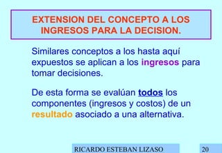 RICARDO ESTEBAN LIZASO 20
EXTENSION DEL CONCEPTO A LOS
INGRESOS PARA LA DECISION.
Similares conceptos a los hasta aquí
expuestos se aplican a los ingresos para
tomar decisiones.
De esta forma se evalúan todos los
componentes (ingresos y costos) de un
resultado asociado a una alternativa.
 