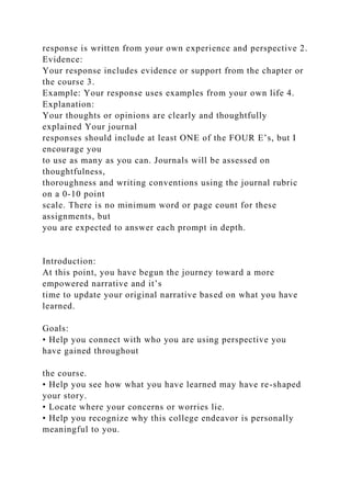 response is written from your own experience and perspective 2.
Evidence:
Your response includes evidence or support from the chapter or
the course 3.
Example: Your response uses examples from your own life 4.
Explanation:
Your thoughts or opinions are clearly and thoughtfully
explained Your journal
responses should include at least ONE of the FOUR E’s, but I
encourage you
to use as many as you can. Journals will be assessed on
thoughtfulness,
thoroughness and writing conventions using the journal rubric
on a 0-10 point
scale. There is no minimum word or page count for these
assignments, but
you are expected to answer each prompt in depth.
Introduction:
At this point, you have begun the journey toward a more
empowered narrative and it’s
time to update your original narrative based on what you have
learned.
Goals:
• Help you connect with who you are using perspective you
have gained throughout
the course.
• Help you see how what you have learned may have re-shaped
your story.
• Locate where your concerns or worries lie.
• Help you recognize why this college endeavor is personally
meaningful to you.
 